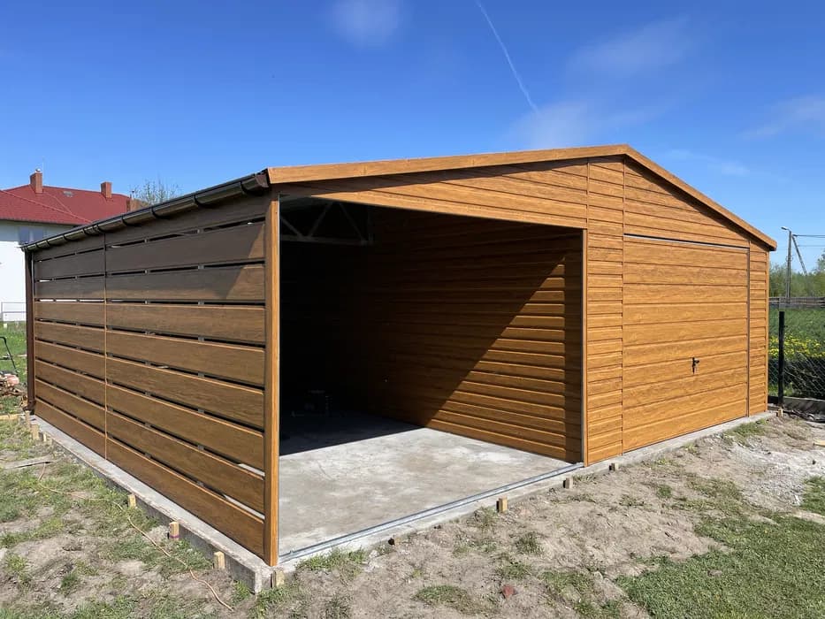Garaż blaszany złoty dąb 4x6 + wiata 3x6